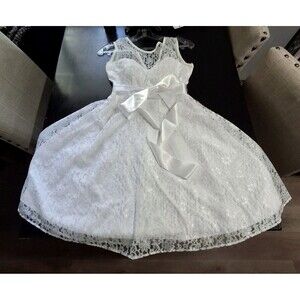 XS Lace Wedding Formal Cocktail Confirmation Homecoming Dress White w Ivory Trim